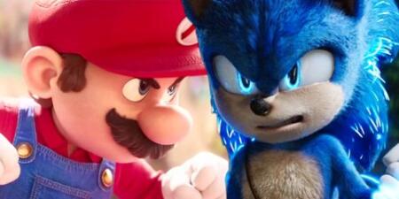 sonic the hedghog with his fist up in sonic 2 andmario in the super mario mobie